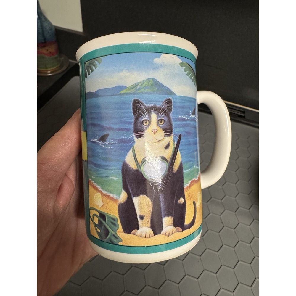Vintage 1995 Otagiri Korean Coffee Cup With Cats Snorkeling With Sharks Ceramic - Picture 6 of 7